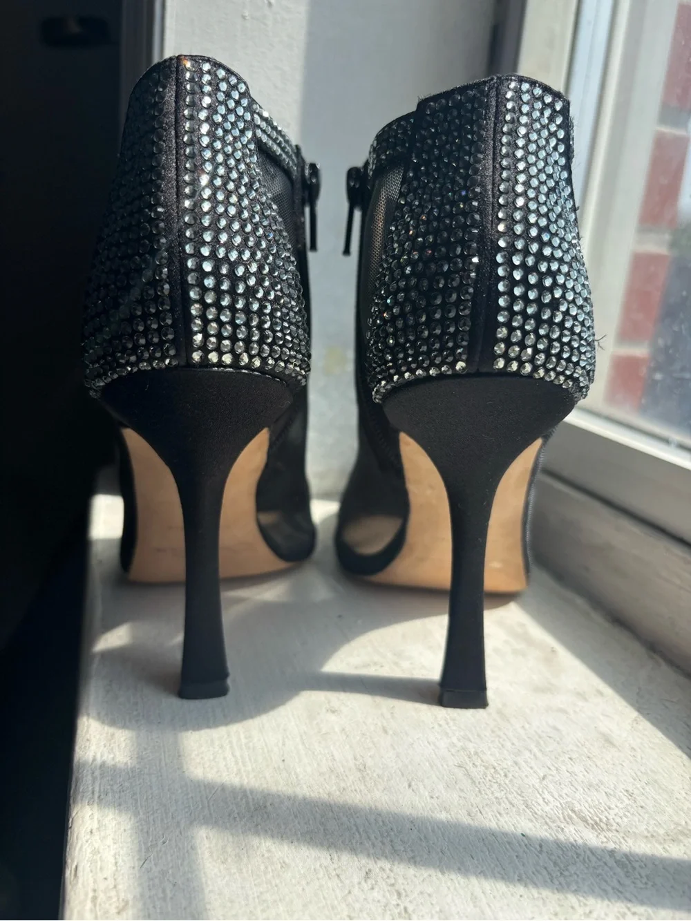 Oscar de la Renta Crystal-Embellished Black Mesh High Heel Booties